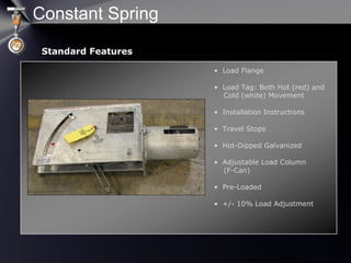 www.pipingtech.com 
• Load Flange
• Load Tag: Both Hot (red) and
Cold (white) Movement
• Installation Instructions
• Travel Stops
• Hot-Dipped Galvanized
• Adjustable Load Column
(F-Can)
• Pre-Loaded
• +/- 10% Load Adjustment
Standard Features
Constant Spring
 