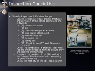 • Visually inspect each Constant hanger:
– Search for signs of visual cracks, fractures,
and corrosion of the spring casing and the
following:
• (1) beam attachment
• (2) pin
• (3) constant hanger attachment
• (4) pipe clamp attachment
• (5) weldless eye nut
• (6) threaded rod
• (9) spring coil
• (10) Check to see if Travel Stops are
removed
– Check (7) turnbuckle (if present), lock nuts
(8) and other threaded items to ensure they
are secured and fastened
– Compare the position of the (10) coil with
the hot/cold load indicator and operating
range of the spring
– Check the mobility of the (11) load column
Before and After Picture of
Constant Load Support that
Was Resized
Inspection Check List
 