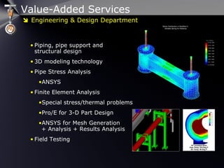 Value-Added Services
• Piping, pipe support and
structural design
• 3D modeling technology
• Pipe Stress Analysis
•ANSYS
• Finite Element Analysis
•Special stress/thermal problems
•Pro/E for 3-D Part Design
•ANSYS for Mesh Generation
+ Analysis + Results Analysis
• Field Testing
 Engineering & Design Department
 
