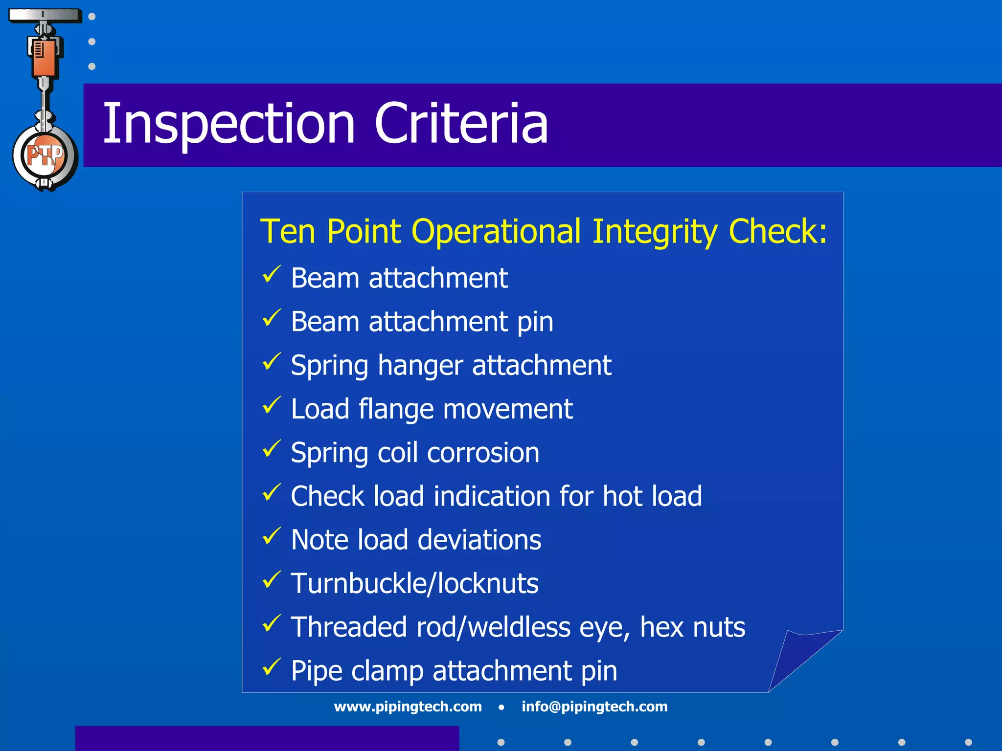 Inspection Criteria Ten Point Operational Integrity Check: Beam attachment Beam attachment pin Spring hanger attachment Load flange movement Spring coil corrosion Check load indication for hot load Note load deviations Turnbuckle/locknuts Threaded rod/weldless eye, hex nuts Pipe clamp attachment pin 
