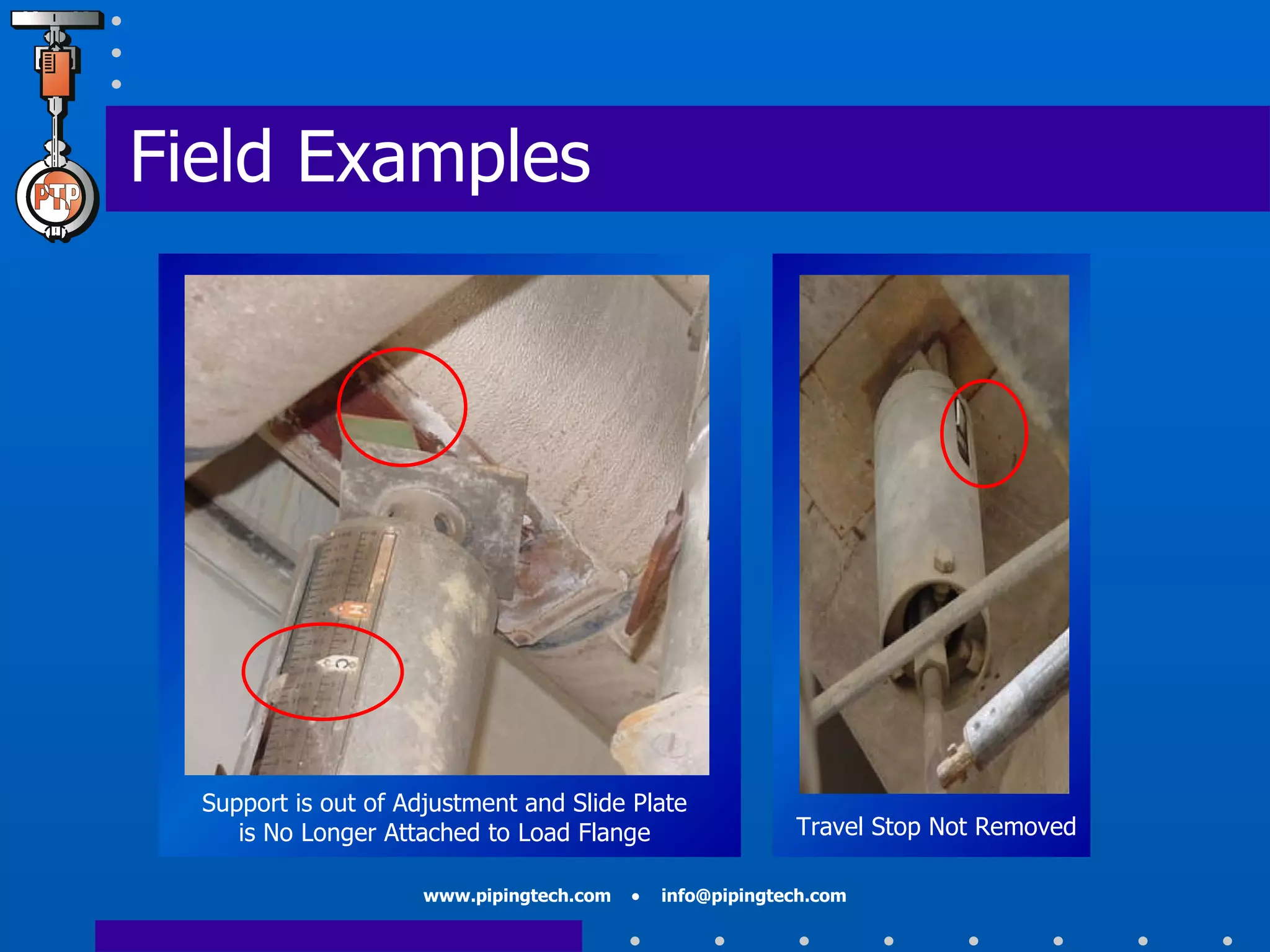 Field Examples Support is out of Adjustment and Slide Plate is No Longer Attached to Load Flange Travel Stop Not Removed 