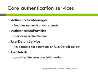Core authentication services
   AuthenticationManager
       handles authentication requests
   AuthenticationProvider
...