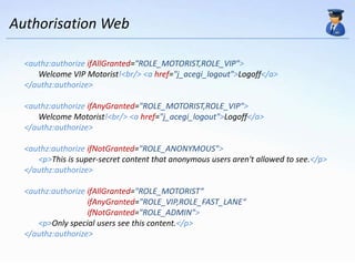 Authorisation Web

  <authz:authorize ifAllGranted="ROLE_MOTORIST,ROLE_VIP">
     Welcome VIP Motorist!<br/> <a href="j_acegi_logout">Logoff</a>
  </authz:authorize>

  <authz:authorize ifAnyGranted="ROLE_MOTORIST,ROLE_VIP">
     Welcome Motorist!<br/> <a href="j_acegi_logout">Logoff</a>
  </authz:authorize>

  <authz:authorize ifNotGranted="ROLE_ANONYMOUS">
     <p>This is super-secret content that anonymous users aren't allowed to see.</p>
  </authz:authorize>

  <authz:authorize ifAllGranted="ROLE_MOTORIST“
                   ifAnyGranted="ROLE_VIP,ROLE_FAST_LANE“
                   ifNotGranted="ROLE_ADMIN">
     <p>Only special users see this content.</p>
  </authz:authorize>
 