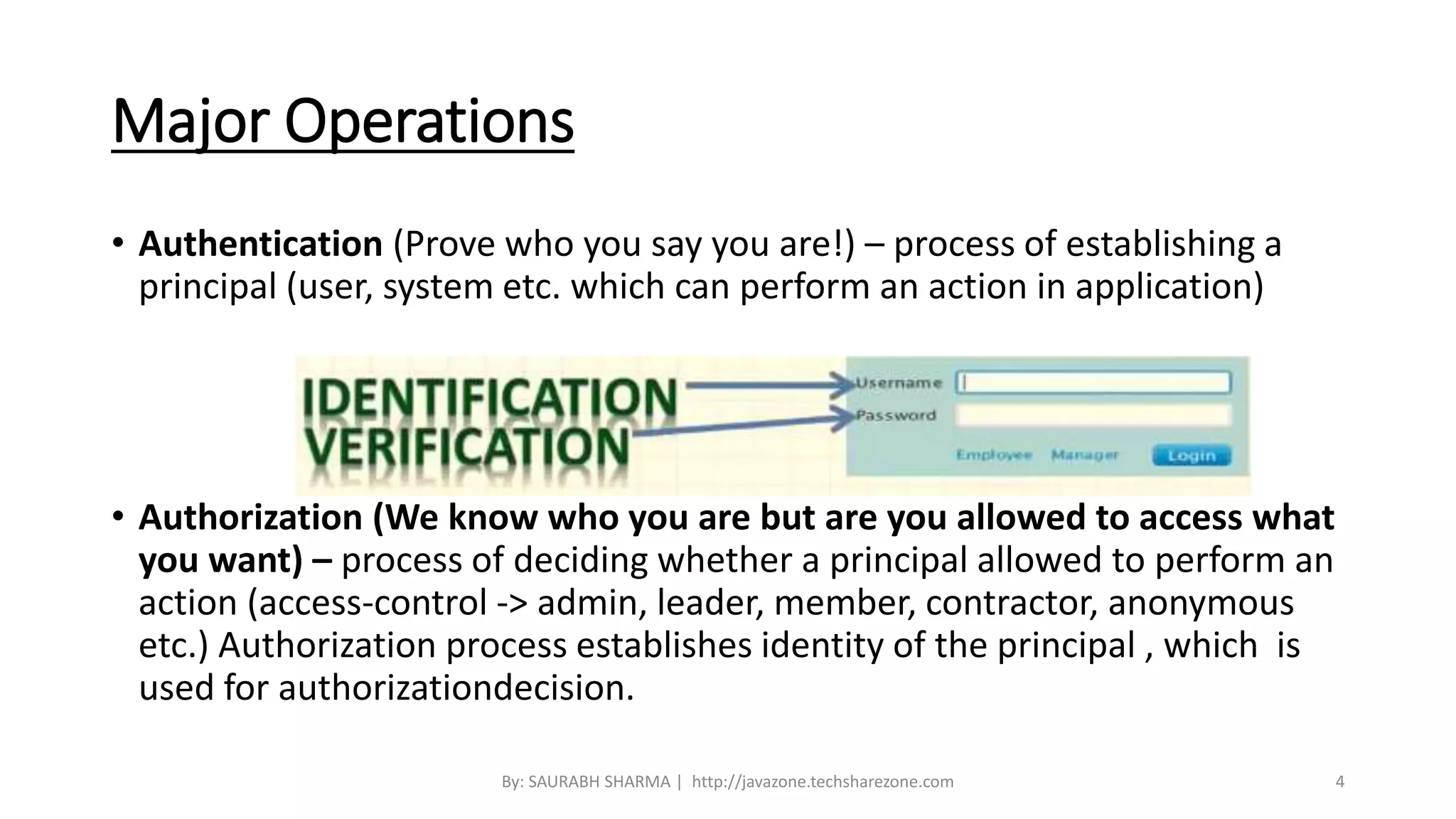 Major Operations
• Authentication (Prove who you say you are!) – process of establishing a
principal (user, system etc. which can perform an action in application)
• Authorization (We know who you are but are you allowed to access what
you want) – process of deciding whether a principal allowed to perform an
action (access-control -> admin, leader, member, contractor, anonymous
etc.) Authorization process establishes identity of the principal , which is
used for authorizationdecision.
By: SAURABH SHARMA | http://javazone.techsharezone.com 4
 