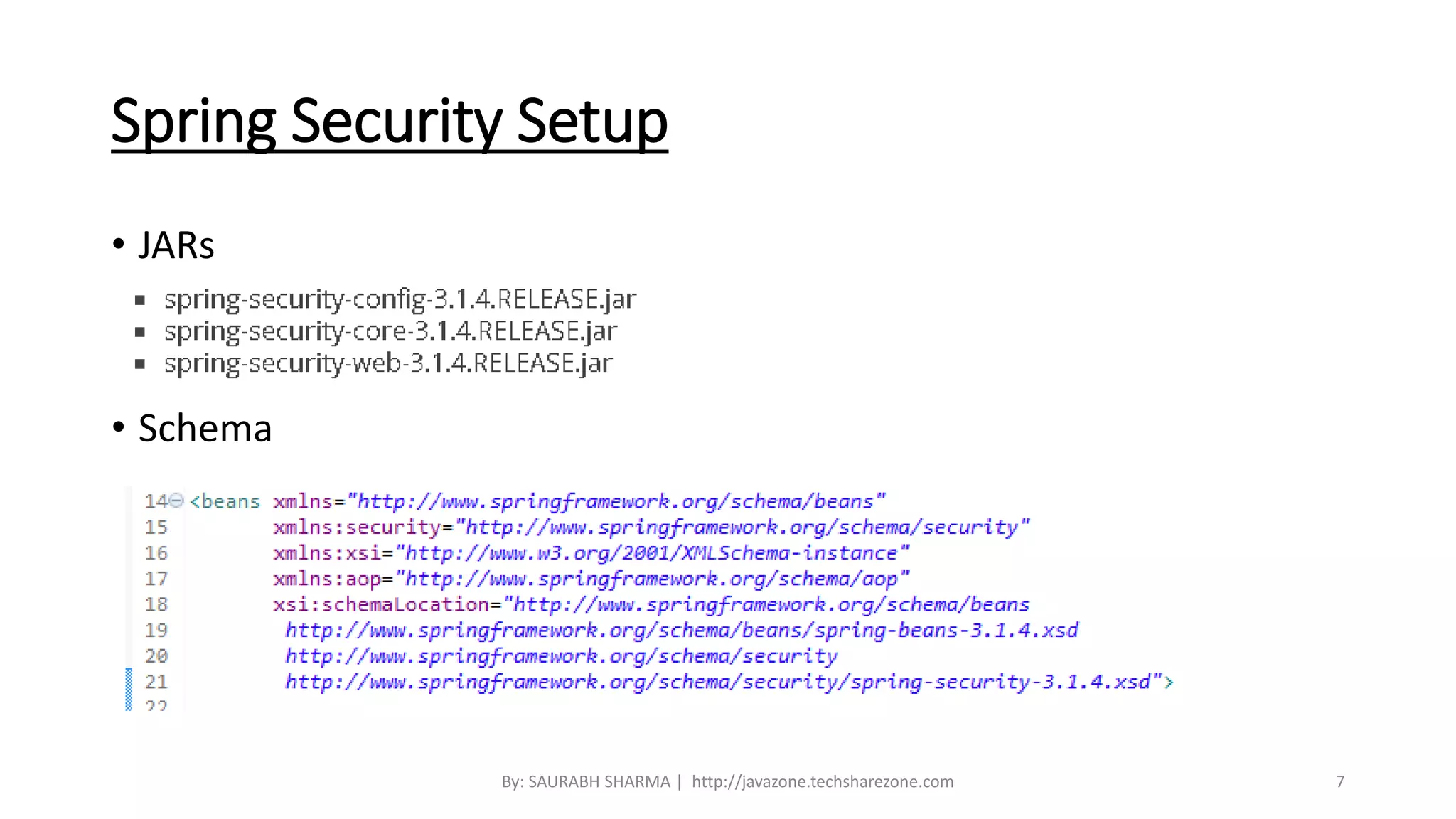 Spring Security Setup
• JARs
• Schema
By: SAURABH SHARMA | http://javazone.techsharezone.com 7
 