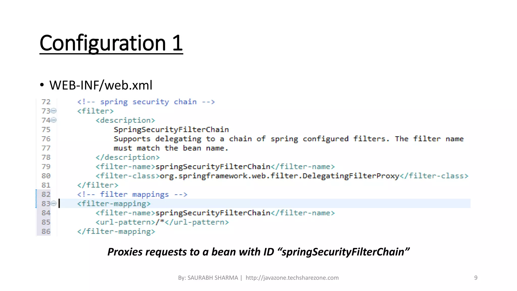 Configuration 1
• WEB-INF/web.xml
Proxies requests to a bean with ID “springSecurityFilterChain”
By: SAURABH SHARMA | http://javazone.techsharezone.com 9
 