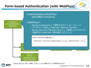 14Copyright?2017 NTT corp. All Rights Reserved.
Form-based Authentication (with WebFlux)
Spring Security 5 RC1 Ǵ_Jʽ`ǤωƤԤޤ
<<interface>>
Reactive
Authentication
Manager
<<WebFilter>>
Authentication
WebFilter
<<interface>>
Server
Authentication
SuccessHandler
<<interface>>
Server
Authentication
FailureHandler
<<Function>>
ServerFormLogin
Authentication
Converter
UserDetailsRepository
ReactiveAuthentication
Manager
Reactive
UserDetails
Service
? AuthenticationWebFilter
? J^_ʼWebFilter
? WebFilter?
? Spring Framework 5 ṩ륤󥿩`ե`
? ꥢƥ֌ꤷServlet FilterΤ褦ʤ
? Spring SecurityServlet FilterȤƌgFƤ饹
ϻĤWebFilteräQƤ
public interface WebFilter {
Mono<Void> filter(ServerWebExchange exchange, WebFilterChain chain);
}
 