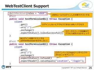26Copyright?2017 NTT corp. All Rights Reserved.
WebTestClient Support
@WithMockUser(roles = "USER")
@Test
public void testPermission01() throws Exception {
client
.get()
.uri("/")
.exchange()
.expectStatus().is2xxSuccessful();
}
@Test
public void testPermission02() throws Exception {
client
.get()
.uri("/")
.exchange()
.expectStatus().isFound()
.expectHeader().valueEquals("Location", "/login");
}
USER`ǥ󤷤״BǥƥȤ
󤷤ʤȥǤʤURLإ
Ʃ``200̨
ɹ뤫å
δ״BǥƥȤ
(@WithMockUser뤷ʤ)
ک`(/login)إ쥯
뤳Ȥå
 