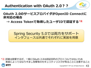 43Copyright?2017 NTT corp. All Rights Reserved.
OAuth 2.0Υ`ӥץХOpenID Connect
?Έ
 Access Tokenȡä`IDJ^*ע
Authentication with OAuth 2.0
*ע Ԕϸۤ뤬?OAuth 2.0J^?ĤΥץȥǤϤʤ
gװˤäƤϤʤꤹޤĵȤΥƥꥹФ뤳Ȥע⤹뤳
Spring Security 5.0ǤρI?򥵥ݩ`
󥿥ե`ϹͨǤ줾ˌgװ?
 