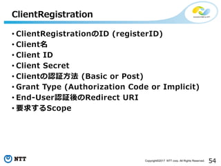 54Copyright?2017 NTT corp. All Rights Reserved.
? ClientRegistrationID (registerID)
? Client
? Client ID
? Client Secret
? ClientJ^? (Basic or Post)
? Grant Type (Authorization Code or Implicit)
? End-UserJ^Redirect URI
? Ҫ󤹤Scope
ClientRegistration
 