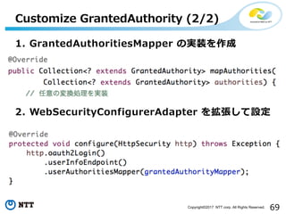 69Copyright?2017 NTT corp. All Rights Reserved.
1. GrantedAuthoritiesMapper Όgװ
2. WebSecurityConfigurerAdapter 򒈏O
Customize GrantedAuthority (2/2)
 