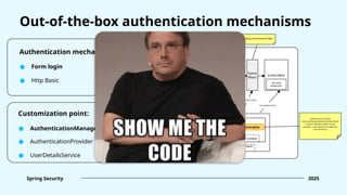 Out-of-the-box authentication mechanisms
Authentication mechanism:
● Form login
Spring Security 2025
● Http Basic
Customization point:
● AuthenticationManager
● AuthenticationProvider
● UserDetailsService
Client
Spring Web application
Authentication
Security Context
Security Context
Holder
CustomAuthenticationManager
Our custom implementation of
AuthenticationManager which supports
the UsernamePasswordAuthentication
Token implementation of
Authentication
Some
filters
UsernamePasswordAuthenticationFilter
Some
filters
Controllers
Secured
endpoints
Including AuthorizationFilter
Authentication (of type
UsernamePasswordAuthenticationToken)
contains AuthUser (which, in this
example, is not required to implement
any interfaces)
Delegate to
AuthenticationManager
Set “authenticated”
Authentication
Get authentication
Get authentication
 