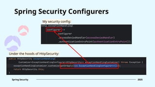 Spring Security Configurers
Spring Security 2025
My security config:
Under the hoods of HttpSecurity:
 
