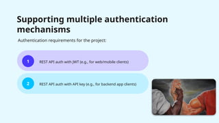 Supporting multiple authentication
mechanisms
1
2
REST API auth with JWT (e.g., for web/mobile clients)
REST API auth with API key (e.g., for backend app clients)
Authentication requirements for the project:
 