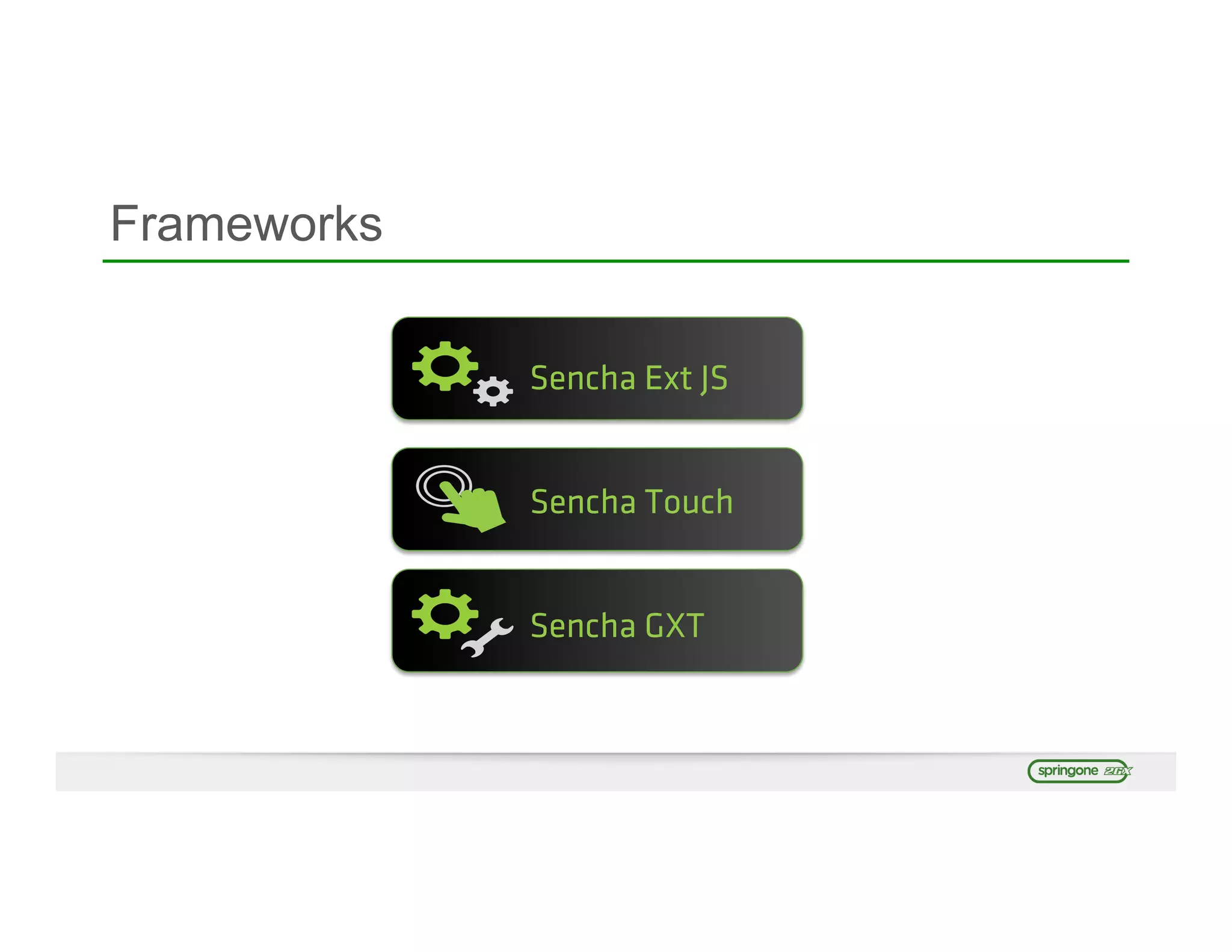 Frameworks
Sencha Touch
Sencha Ext JS
Sencha GXT
 