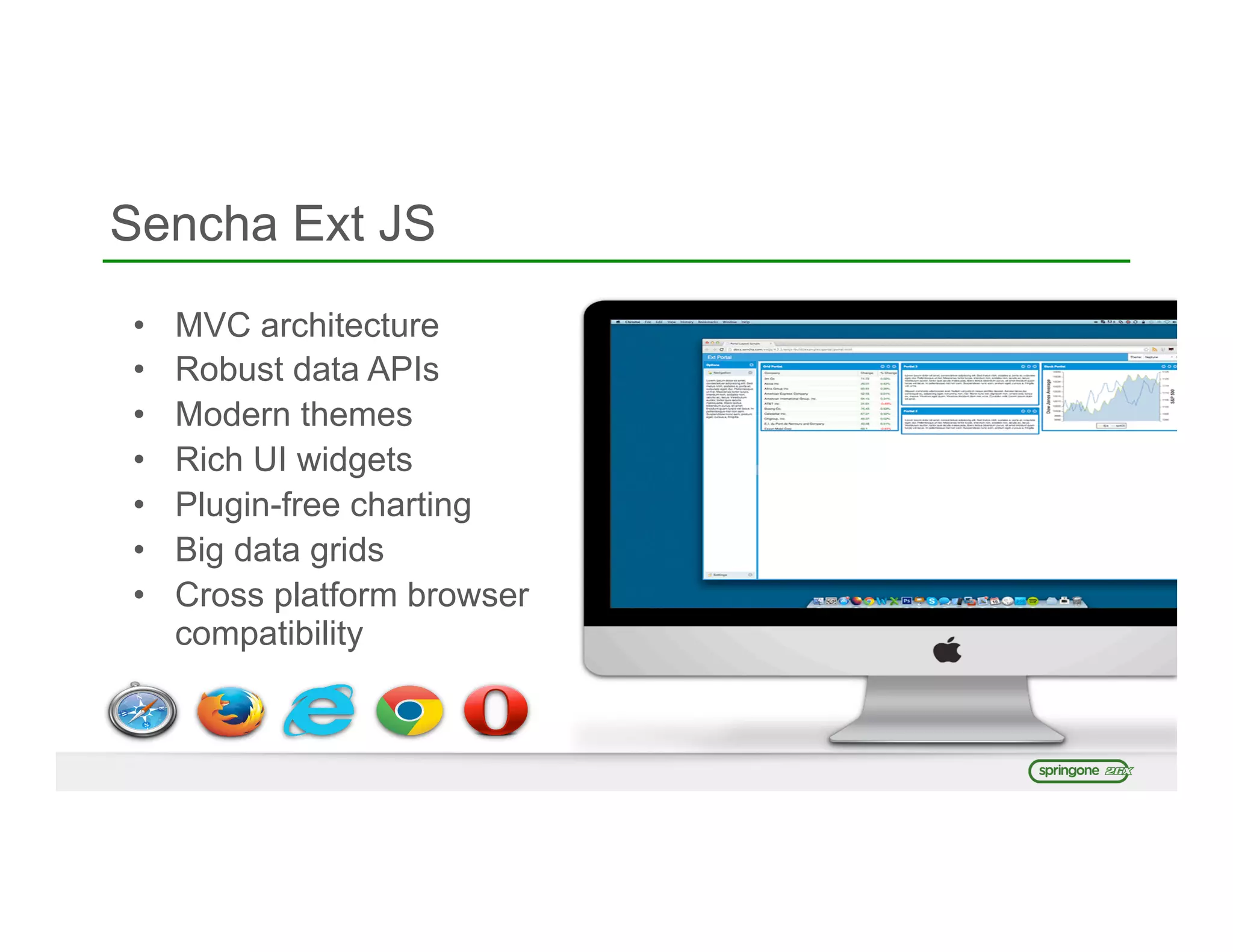 Sencha Ext JS
•  MVC architecture
•  Robust data APIs
•  Modern themes
•  Rich UI widgets
•  Plugin-free charting
•  Big data grids
•  Cross platform browser
compatibility
 