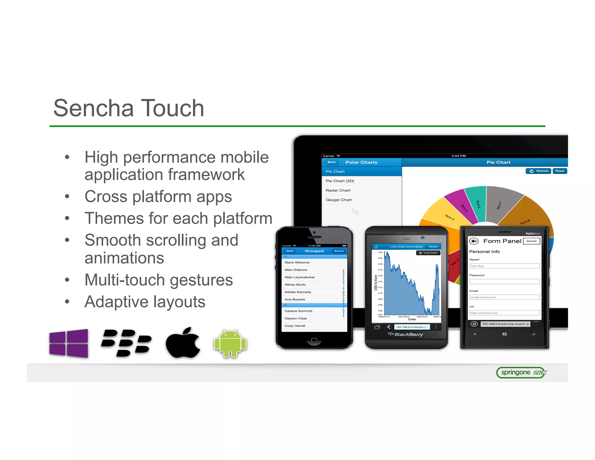 Sencha Touch
•  High performance mobile
application framework
•  Cross platform apps
•  Themes for each platform
•  Smooth scrolling and
animations
•  Multi-touch gestures
•  Adaptive layouts
 