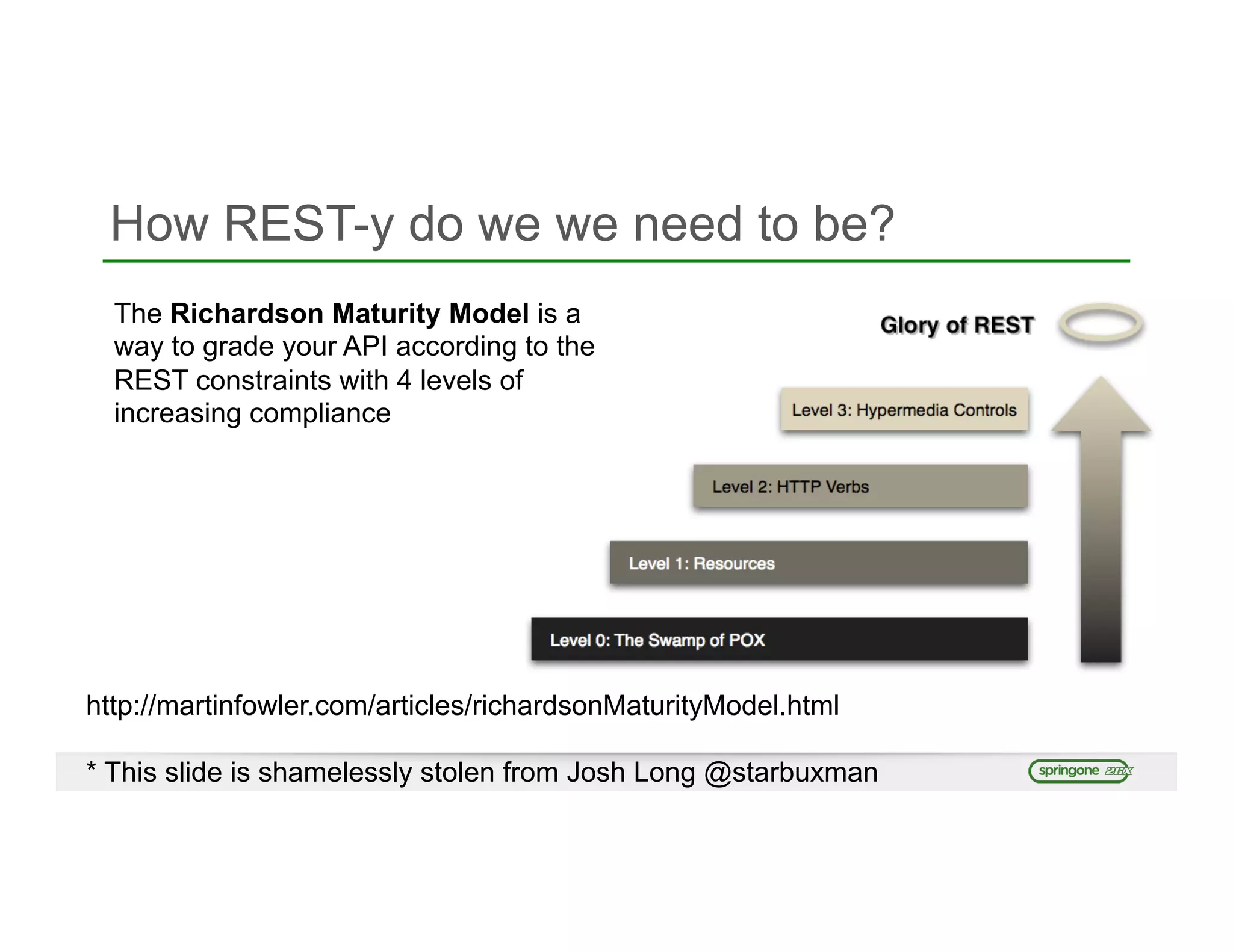 How REST-y do we we need to be?
* This slide is shamelessly stolen from Josh Long @starbuxman
http://martinfowler.com/articles/richardsonMaturityModel.html
The Richardson Maturity Model is a
way to grade your API according to the
REST constraints with 4 levels of
increasing compliance
 