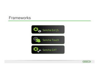 Frameworks
Sencha Touch
Sencha Ext JS
Sencha GXT
 