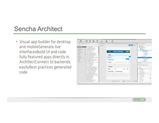 •  Visual app builder for desktop
and mobileGenerate live
interfacesBuild UI and code
fully featured apps directly in
ArchitectConnect to backends
easilyBest practices generated
code
Sencha Architect
 