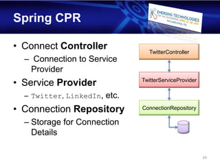 Spring CPR

• Connect Controller            TwitterController
  – Connection to Service
   Provider
• Service Provider            TwitterServiceProvider

  – Twitter, LinkedIn, etc.
• Connection Repository       ConnectionRepository

  – Storage for Connection
    Details

                                                       24
 