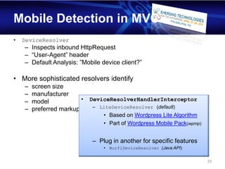 Mobile Detection in MVC
•   DeviceResolver
    – Inspects inbound HttpRequest
    – “User-Agent” header
    – Default Analysis: ”Mobile device client?”

• More sophisticated resolvers identify
    –   screen size
    –   manufacturer
    –   model            •   DeviceResolverHandlerInterceptor
    –   preferred markup     – LiteDeviceResolver (default)
                                 • Based on Wordpress Lite Algorithm
                                 • Part of Wordpress Mobile Pack(wpmp)


                             – Plug in another for specific features
                                 • WurflDeviceResolver (Java API)


                                                                         33
 