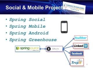Social & Mobile Projects

•   Spring   Social
•   Spring   Mobile
•   Spring   Android
•   Spring   Greenhouse




                           4
 