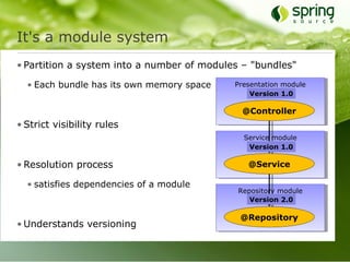 It's a module system
• Partition a system into a number of modules – "bundles"

  • Each bundle has its own memory space    Presentation module
                                                Version 1.0

                                              @Controller
• Strict visibility rules
                                              Service module
                                               Version 1.0

• Resolution process                           @Service

  • satisfies dependencies of a module
                                             Repository module
                                                Version 2.0

                                             @Repository
• Understands versioning
 
