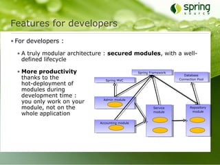 Features for developers
• For developers :

  • A truly modular architecture : secured modules, with a well-
    defined lifecycle

  • More productivity                             Spring Framework
                                                                        Database
    thanks to the                Spring MVC                          Connection Pool
    hot-deployment of
    modules during
    development time :
    you only work on your       Admin module

    module, not on the                                    Service          Repository
                                                                            module
    whole application                                     module


                              Accounting module
 