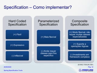 Specification – Como implementar?
Hard Coded
Specification
(+) Fácil
(+) Expressivo
(-) Inflexível
Parameterized
Specification
(+) Mais flexível
(-) Ainda requer
classes para fins
específico
Composite
Specification
(+) Muito flexível, não
requer muitas classes
especializadas
(+) Suporte a
operações lógicas
(-) Investimento em
framework complexo
Spring Specification Tools
26/08/2020 Pág. 12
(EVANS, FOWLER,1997)
 