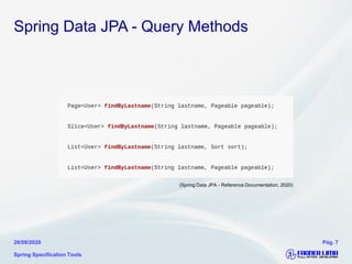 Spring Data JPA - Query Methods
Spring Specification Tools
26/08/2020 Pág. 7
(Spring Data JPA - Reference Documentation, 2020)
 