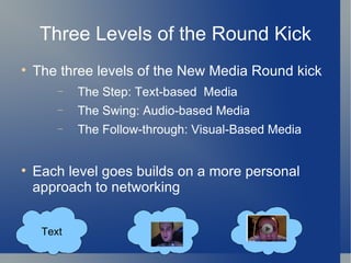 Three Levels of the Round Kick The three levels of the New Media Round kick The Step: Text-based  Media The Swing: Audio-based Media The Follow-through: Visual-Based Media  Each level goes builds on a more personal approach to networking  Text 