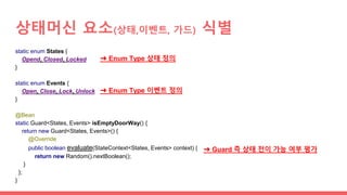 상태머신 요소(상태,이벤트, 가드) 식별
static enum States {
Opend, Closed, Locked
}
static enum Events {
Open, Close, Lock, Unlock
}
@Bean
static Guard<States, Events> isEmptyDoorWay() {
return new Guard<States, Events>() {
@Override
public boolean evaluate(StateContext<States, Events> context) {
return new Random().nextBoolean();
}
};
}
➜ Enum Type 상태 정의
➜ Enum Type 이벤트 정의
➜ Guard 즉 상태 전이 가능 여부 평가
 
