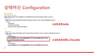 상태머신 Configuration
@Configuration
@EnableStateMachine
public static class Config1 extends EnumStateMachineConfigurerAdapter<States, Events> {
@Override
public void configure(StateMachineStateConfigurer<States, Events> states) throws Exception {
states
.withStates()
.initial(States.Closed)
.states(EnumSet.allOf(States.class));
}
@Override
public void configure(StateMachineTransitionConfigurer<States, Events> transitions) throws Exception {
transitions
.withExternal()
.source(States.Opend).target(States.Closed).event(Events.Close)
.guard(isEmptyDoorWay())
.and()
.withExternal()
.source(States.Closed).target(States.Opend).event(Events.Open);
}
}
➜ 상태 등록 Config
➜ 상태 동작(이벤트, 가드) config
 