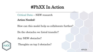 #PhXX
#PhXX In Action
Critical Data – NEW research
Action Needed:
How can this model help us collaborate further?
Do the obstacles we listed transfer?
Any NEW obstacles?
Thoughts on top 3 obstacles?
 