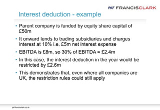 pkf-francisclark.co.uk
• Parent company is funded by equity share capital of
£50m
• It onward lends to trading subsidiaries and charges
interest at 10% i.e. £5m net interest expense
• EBITDA is £8m, so 30% of EBITDA = £2.4m
• In this case, the interest deduction in the year would be
restricted by £2.6m
• This demonstrates that, even where all companies are
UK, the restriction rules could still apply
Interest deduction - example
 