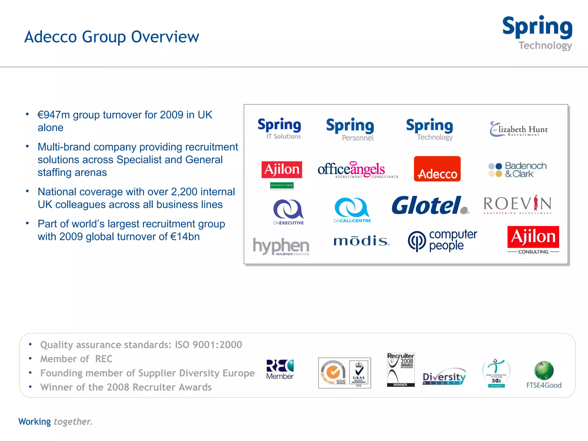 Adecco Group Overview € 947m group turnover for 2009 in UK alone Multi-brand company providing recruitment solutions across Specialist and General staffing arenas National coverage with over 2,200 internal UK colleagues across all business lines Part of world’s largest recruitment group with 2009 global turnover of €14bn Quality assurance standards: ISO 9001:2000 Member of  REC  Founding member of Supplier Diversity Europe Winner of the 2008 Recruiter Awards 
