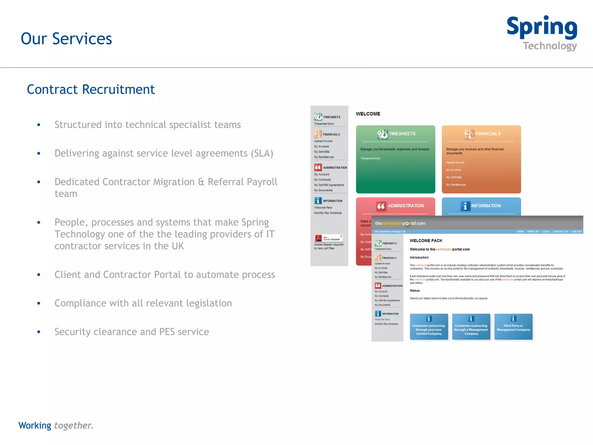 Our Services Structured into technical specialist teams  Delivering against service level agreements (SLA) Dedicated Contractor Migration & Referral Payroll team People, processes and systems that make Spring Technology one of the the leading providers of IT contractor services in the UK Client and Contractor Portal to automate process Compliance with all relevant legislation Security clearance and PES service Contract Recruitment 