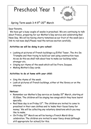 Spring Term week 3-4 9th
-20th
March
Dear Parents,
We have got a busy couple of weeks in preschool. We are continuing to talk
about France, preparing for our Mother’s Day service and celebrating Red
Nose Day. We will be having cherry tomatoes as our fruit of the week (as a
link to red nose day!) Please read the notices section carefully.
Activities we will be doing in pre-school:
 Looking at pictures of French buildings e.g Eiffel Tower, The Arc De
Triomphe and then trying to build our own using construction toys.
As we do this we shall talk about how to make our building taller,
stronger etc.
 Singing our rhyme of the week which will be Frere Jacques.
 Making Mother’s Day cards.
Activities to do at home with your child:
 Sing the rhyme of the week.
 Look at pictures of French buildings, either at the library or on the
internet.
Notices:
 Remember our Mother’s Day service on Sunday 15th
March, starting at
10.30am. The children will be singing two songs which they have learnt
specially.
 Red Nose day is on Friday 13th
. The children are invited to come to
preschool in their own clothes and to ‘make their faces funny for
money.’ We will be collecting any voluntary donations which you may
like to make.
 On Friday 20th
March we will be having a French Mardi-Gras
celebration. The children are invited to wear fancy dress (although
still appropriate for school) for this.
 