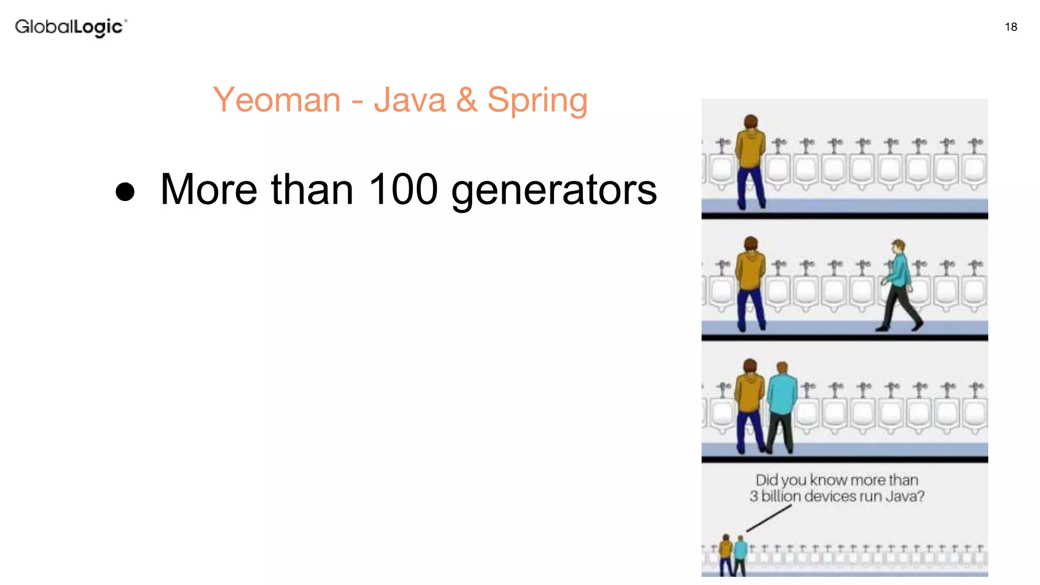 18
Yeoman - Java & Spring
● More than 100 generators
 