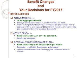 15
Benefit Changes
and
Your Decisions for FY2017
RATES AND FEES
 ACTIVE MEDICAL –
• 19.9% Aggregate Increase
• Employer contribution increases to $1,054 from $887 per month.
• Premium changes after the employer contribution are applied range from a
decrease of $28 to an increase of $50 per month depending on which medical
plan you select and whether you cover dependents.
 ACTIVE DENTAL –
• Rates increase by 2.5% or $1-$3 per month.
• Benefits are unchanged.
 OPTIONAL VISION HARDWARE PLAN –
• Rates increase by 5.2% or $0.37-$1.07 per month.
• Remember – the Medical Benefits cover vision exams!
• Optional Vision Hardware Plan covers eyeglass frames and lenses or
contacts
 