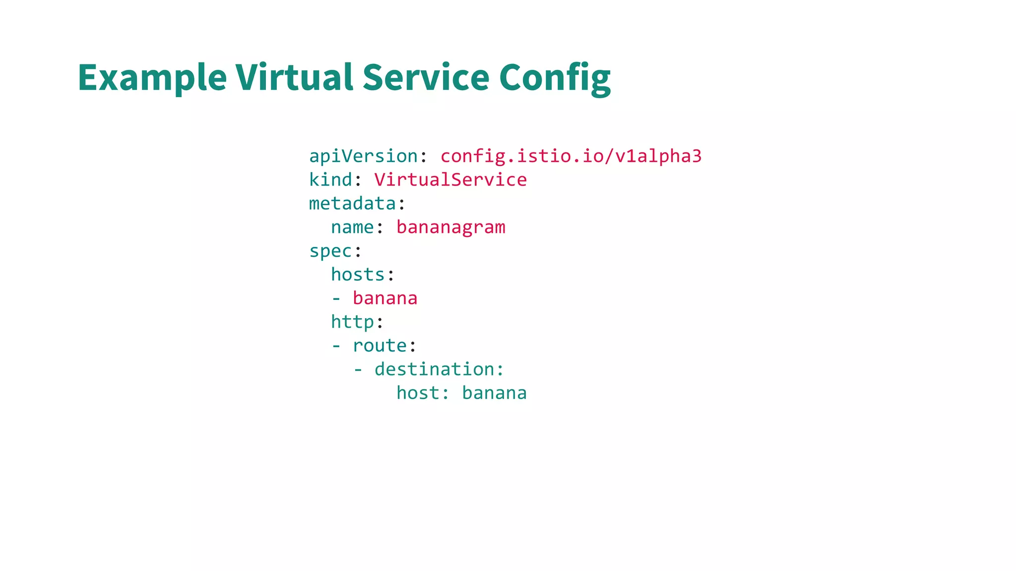 apiVersion: config.istio.io/v1alpha3
kind: VirtualService
metadata:
name: bananagram
spec:
hosts:
- banana
http:
- route:
- destination:
host: banana
Example Virtual Service Config
 