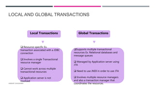 LOCAL AND GLOBAL TRANSACTIONS
HARSHIT CHOUDHARY
Global TransactionsLocal Transactions
Supports multiple transactional
resources Ex. Relational databases and
message queues
 Managed by Application server using
JTA
 Need to use JNDI in order to use JTA
 Involves multiple resource managers
and also a transaction manager that
coordinates the resources.
 Resource-specific Ex.
transaction associated with a JDBC
connection
 Involves a single Transactional
resource manager
 Cannot work across multiple
transactional resources
 Application server is not
involved
 
