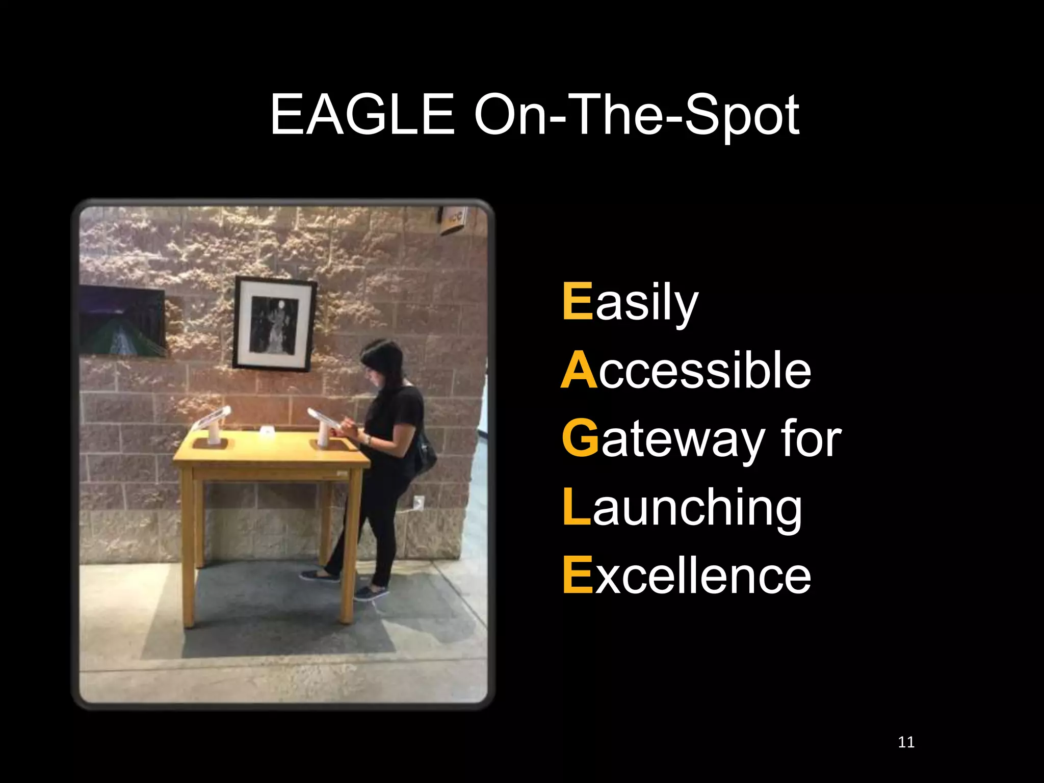 Easily
Accessible
Gateway for
Launching
Excellence
EAGLE On-The-Spot
11
 