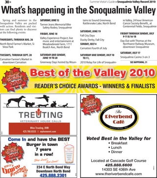 30 »                                                                        Summer Visitor's Guide » Snoqualmie Valley Record 2010


 What’s happening in the Snoqualmie Valley
   Spring and summer in the        saTurday, June 12                            tains to Sound Greenway,           ie Valley, 24 hour American
Snoqualmie Valley are packed       Tanner Jeans Memorial Bike                   Rattlesnake Lake, North Bend       Cancer Society Benefit., at
with action. Residents and visi-     Safety Rodeo, Snoqualmie                                                      Centennial Fields, Snoqualmie
tors can find plenty to discover
at the following events:                                                      saTurday, June 19
                                   Friday, June 18                                                               Friday Through sunday, July
                                                                              Fall City Days                       9-11 & 16-18
                                   Valley Experience Project, live
Thursdays, Through aug. 26           music and entertainment at               Ducky Derby, Fall City             Day Out with Thomas at the
North Bend Farmer’s Market, Si       Meadowbrook Farm, 1711                   sunday, July 4                       Northwest Railway Museum,
  View Park                          Boalch Ave., North Bend                  Carnation Fourth of July             downtown Snoqualmie

                                                                                                                 saTurday, July 17
Tuesdays, Through sepT. 28         saTurday and sunday,                       saTurday and sunday, July 10
                                     June 19 To 20                              To 11,                           Snoqualmie Casino 3-on-3
Carnation Farmer’s Market in
  downtown Carnation               Greenway Days hosted by Moun-              2010 Relay For Life of Snoqualm-           see happening, 31




                          Best of the Valley 2010
                                 READER’S CHOICE AWARDS - WINNERS & FINALISTS
 360614




            Come In and have the BEST                                              Voted Best in the Valley for
                       Burger in town                                                                    • Breakfast
                                                                                                         • Lunch
                           7 years
                                                                                                         • Dinner
                          in a row!
                               Shop Local! t Local!                                    Located at Cascade Golf Course
                                         Ea
                                                                                               425.888.6600
                                 234 E North Bend Way
                                                                                                                                             360414




                                 Downtown North Bend                                         14303 SE 436th Ave
                                                                                         www.theriverbendcafe.com
                                   425.888.2301
                                                                     360183
 