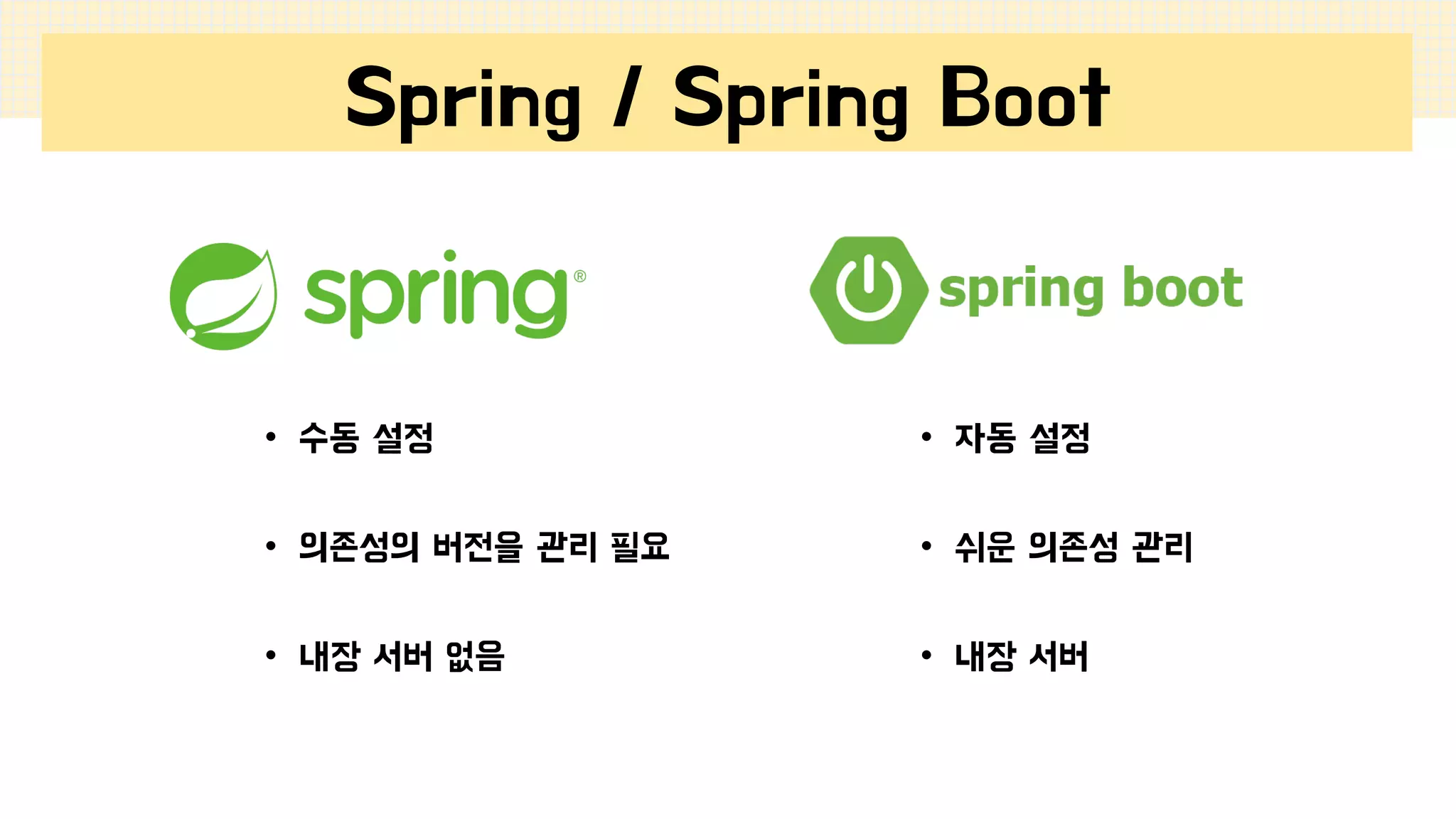 Spring / Spring Boot
• 수동 설정
• 의존성의 버전을 관리 필요
• 내장 서버 없음
• 자동 설정
• 쉬운 의존성 관리
• 내장 서버
 
