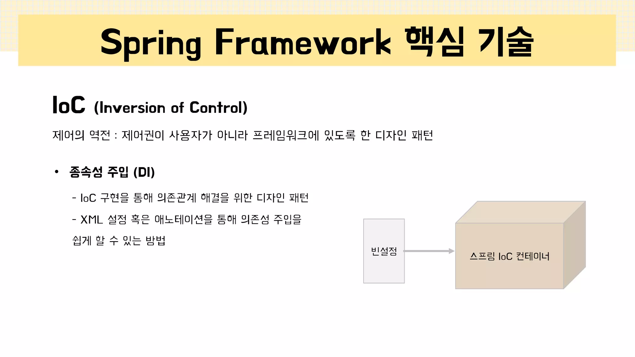 Spring Framework 핵심 기술
IoC (Inversion of Control)
• 종속성 주입 (DI)
제어의 역전 : 제어권이 사용자가 아니라 프레임워크에 있도록 한 디자인 패턴
스프링 IoC 컨테이너
빈설정
- IoC 구현을 통해 의존관계 해결을 위한 디자인 패턴
- XML 설정 혹은 애노테이션을 통해 의존성 주입을
쉽게 할 수 있는 방법
 