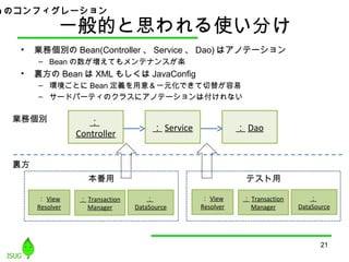 一般的と思われる使い分け
• 業務個別の Bean(Controller 、 Service 、 Dao) はアノテーション
– Bean の数が増えてもメンテナンスが楽
• 裏方の Bean は XML もしくは JavaConfig
– 環境ごとに Bean 定義を用意＆一元化できて切替が容易
– サードパーティのクラスにアノテーションは付けれない
21
：
Controller
： Service ： Dao
： Transaction
Manager
：
DataSource
： View
Resolver
本番用 テスト用
業務個別
裏方
n のコンフィグレーション
： Transaction
Manager
：
DataSource
： View
Resolver
 