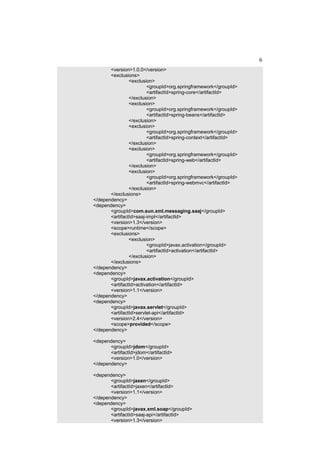 6
       <version>1.0.0</version>
       <exclusions>
                <exclusion>
                        <groupId>org.springframework</groupId>
                        <artifactId>spring-core</artifactId>
                </exclusion>
                <exclusion>
                        <groupId>org.springframework</groupId>
                        <artifactId>spring-beans</artifactId>
                </exclusion>
                <exclusion>
                        <groupId>org.springframework</groupId>
                        <artifactId>spring-context</artifactId>
                </exclusion>
                <exclusion>
                        <groupId>org.springframework</groupId>
                        <artifactId>spring-web</artifactId>
                </exclusion>
                <exclusion>
                        <groupId>org.springframework</groupId>
                        <artifactId>spring-webmvc</artifactId>
                </exclusion>
       </exclusions>
</dependency>
<dependency>
       <groupId>com.sun.xml.messaging.saaj</groupId>
       <artifactId>saaj-impl</artifactId>
       <version>1.3</version>
       <scope>runtime</scope>
       <exclusions>
                <exclusion>
                        <groupId>javax.activation</groupId>
                        <artifactId>activation</artifactId>
                </exclusion>
       </exclusions>
</dependency>
<dependency>
       <groupId>javax.activation</groupId>
       <artifactId>activation</artifactId>
       <version>1.1</version>
</dependency>
<dependency>
       <groupId>javax.servlet</groupId>
       <artifactId>servlet-api</artifactId>
       <version>2.4</version>
       <scope>provided</scope>
</dependency>

<dependency>
       <groupId>jdom</groupId>
       <artifactId>jdom</artifactId>
       <version>1.0</version>
</dependency>

<dependency>
       <groupId>jaxen</groupId>
       <artifactId>jaxen</artifactId>
       <version>1.1</version>
</dependency>
<dependency>
       <groupId>javax.xml.soap</groupId>
       <artifactId>saaj-api</artifactId>
       <version>1.3</version>
 