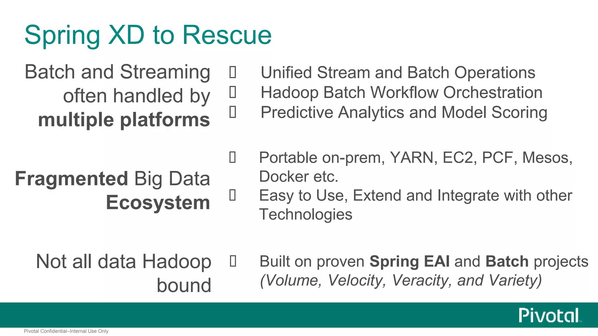 Spring XD to Rescue 
Batch and Streaming 
often handled by 
multiple platforms 
Fragmented Big Data 
Ecosystem 
Not all data Hadoop 
Pivotal Confidential–Internal Use Only 
bound 
 Unified Stream and Batch Operations 
 Hadoop Batch Workflow Orchestration 
 Predictive Analytics and Model Scoring 
 Portable on-prem, YARN, EC2, PCF, Mesos, 
Docker etc. 
 Easy to Use, Extend and Integrate with other 
Technologies 
 Built on proven Spring EAI and Batch projects 
(Volume, Velocity, Veracity, and Variety) 
 